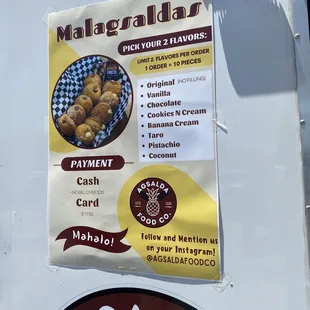 Malgasada menu. Only available on Saturdays