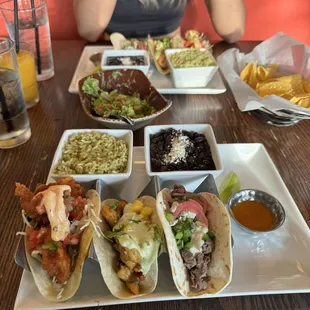 Baja Fish Tacos, Mango Shrimp Tacos and Bistec Azul Tacos