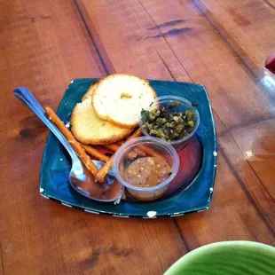 YUMMY olive spread and mustard pretzel dip.