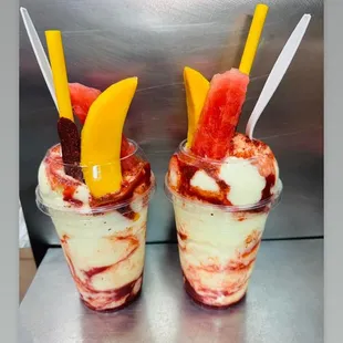 two glasses of fruit and ice cream