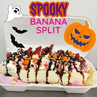 a banana split in a styrofoam container