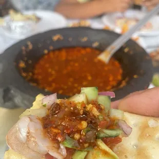 Ceviche! With salsa de molcajete! Picosa y deliciosa!