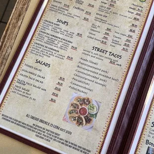 Menu with Appetizers, Soups, Salads, and Street Tacos