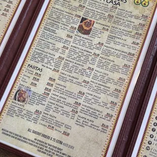 Menu with House Specialties