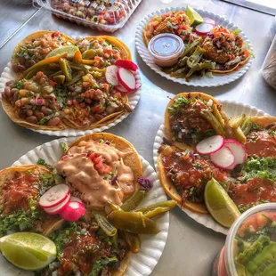 A sample of our variety of tacos, seafood tacos, ceviches, cocteles..... lots more delicious options on our menu!