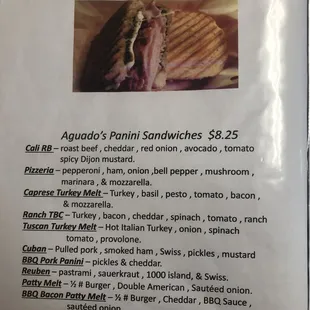 a menu for a sandwich