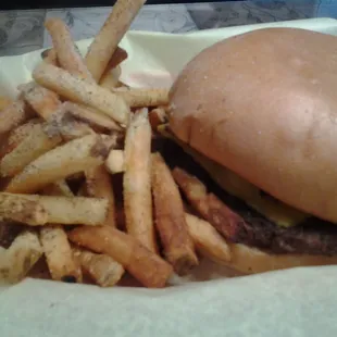 Bacon Cheeseburger with seasoned fries. Yes it is as big as it looks.