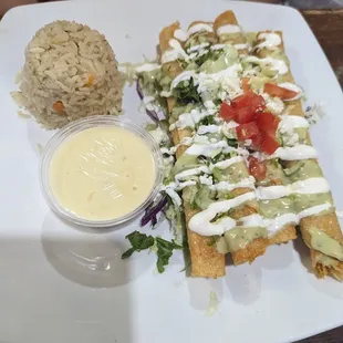 Chicken flautas (comes with rice &amp; beans)