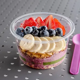 Our Red White &amp; Blue.  Dairy free açaì blend topped with strawberry, banana, blueberry, chia seeds, hemp hearts, granola &amp; raw local honey.