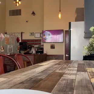 a wooden table with a plate on it
