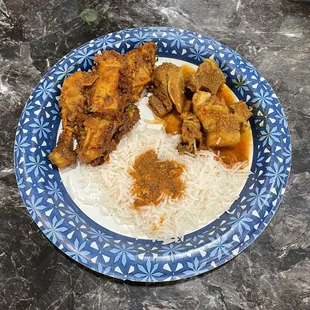 Chicken Fry, Goat Curry and Rice