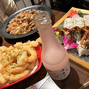 Calamari Tempura, Bulgogi JFR (without egg), Dragon Roll, Gurnee Roll (without spicy mayo), Hakutsuru "Sayuri" Nigori Sake