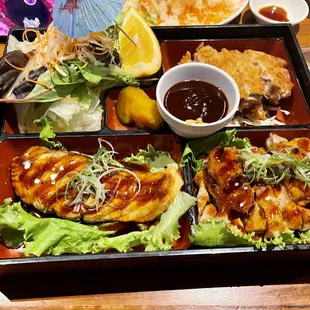 Bento box - salmon teriyaki, chicken teriyaki, Chicken Katsu