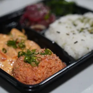 Spicy ahi poke with spicy salmon poke and ahi limu poke with rice bento *12/30/23