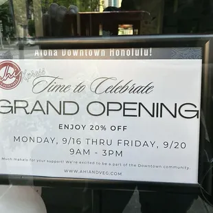 Grand Opening Special: 20% off, valid 9/16/24 through 9/20/24
