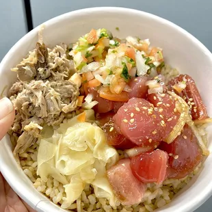 Local Bowl with kalua pig, lomilomi salmon and ahi poke on brown rice.