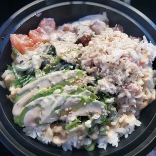 Regular poke bowl to go - caviar salmon, shoyu ahi tuna, white rice, green onions, seaweed, avocado, crab salad, poke sauce, &amp; spicy mayo.