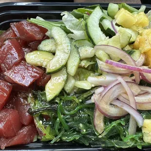 My large to go salad base, 3 x Soy Ahi. Topped with seaweed salad, cucumbers, edimane, red onion, pineapple and house sauce.. Ono !!