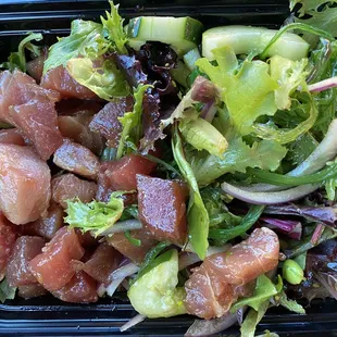 Look at all these goodies, everything in here is fresh! Plenty of my favorite Soy Ahi, fresh salad base and favorite toppings.