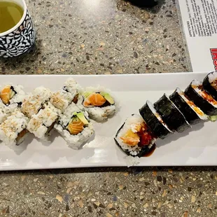 Two sushi roll lunch special and green tea.