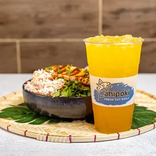 a drink and a bowl of food