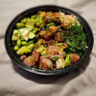 3 scoop poke option with ahi luau, and double spicy tuna