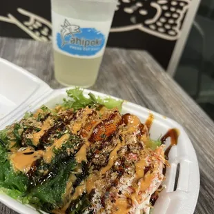 a plate of food and a drink