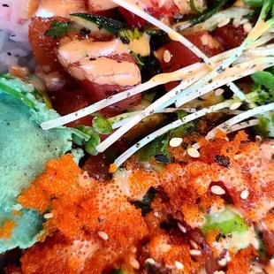 2 scoop with 1/2 white rice and 1/2 salad greens and topped with everything