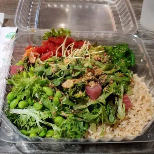 Poke bowl with half and half greens and brown rice base- not very impressive