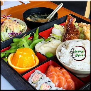 Bento box special salmon, choose your option , beef,chicken,pork katsu,Shioyaki(saba)