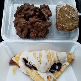 peanut cluster, zucchini bread, and blackberry turnover