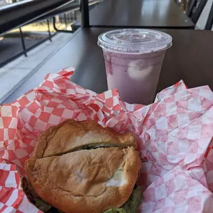 Vege burger, blackberry milkshake