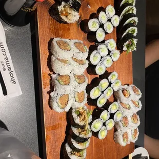 Avocado roll, cucumber roll, veggie roll, spicy tuna, spicy salmon &amp; salmon skin