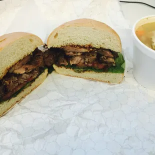 Hand carved Brisket sandwich with lots of meat and chicken and rice soup