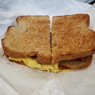 Egg, bacon and cheese on whole wheat.