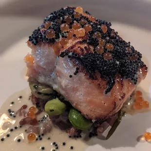 Chef's Counter 4th course: miso cured ocean trout w/ red rice, farva, caviar and dashi