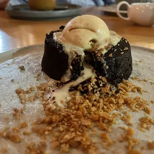 Flourless Chocolate cake, sub peanut butter ice cream.