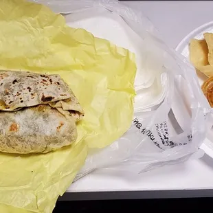 Chili Verde Burrito with rice, beans, onion, and cilantro.