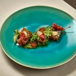 Langoustine Terrine
langoustine terrine &amp; tartare, crustacean gelée, prosciutto, trout roe