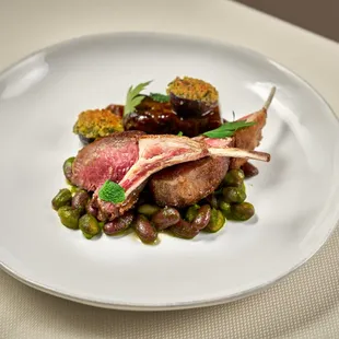 Agnello roasted lamb chop &amp; confit shoulder, shelling bean, pistou, fig