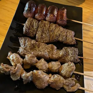 Chicken Gizzard Yakitori, Beef Short Rib Yakitori &amp; Black Pork Sausage Yakitori