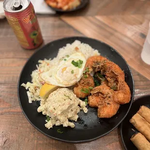 Thai Garlic shrimp plate with lumpia