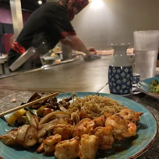 Excellent service and Austin our chef went above and beyond by cooking this tasty shrimp hibachi with garlic infused sriracha.