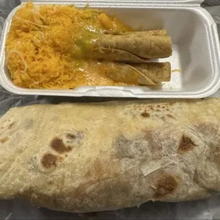 Chile Bandido burrito next to taquitos. It's huge