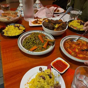 Saffron rice, Chicken Kebab Maghdour, Lamb Tagine with Green Peas, Beef Sirloin Kebab Maghdour, &amp; Taktouka