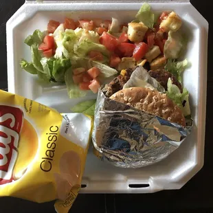 Chipotle Black Bean Burger, chips, salad with homemade dressing