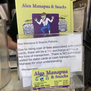 10/6/22. The guy was nice to remind me that there's a 3% surcharge for credit card purchases. None for debit card: