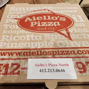Pizza Box. Phone Number. Aiello&apos;s Pizza North.