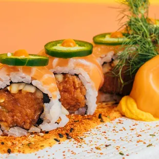 a close up of a sushi roll
