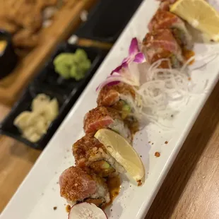 Seared Tuna Roll with Spicy Tuna and Garlic Chips